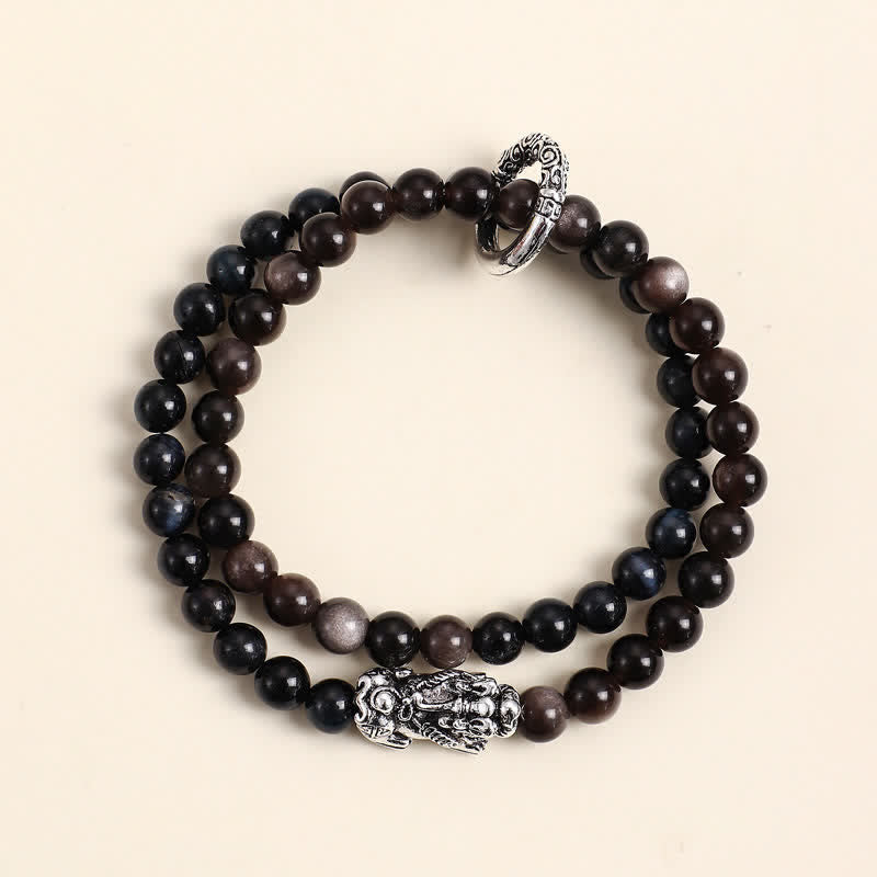 Buddha Stones Bracciale di buon auspicio Pi Xiu a doppio giro in ossidiana occhio di tigre con lucentezza argentata e Pi Xiu. - Occhio di tigre blu Pi argentato Xiu - image 9