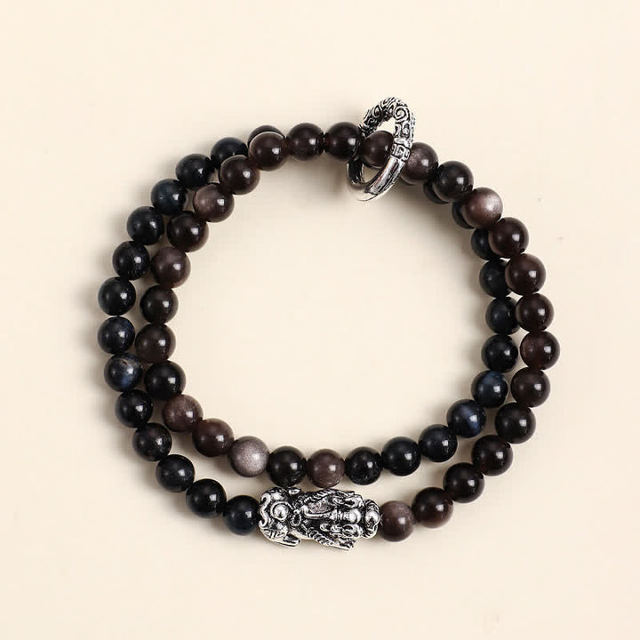 Buddha Stones Bracciale di buon auspicio Pi Xiu a doppio giro in ossidiana occhio di tigre con lucentezza argentata e Pi Xiu. - Occhio di tigre blu Pi argentato Xiu - image 9