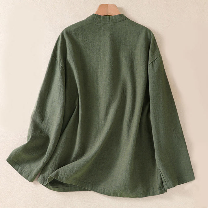 Camicia da donna a maniche lunghe con bottoni e scollo rotondo, con stampa Buddha Stones tasche. - image 1