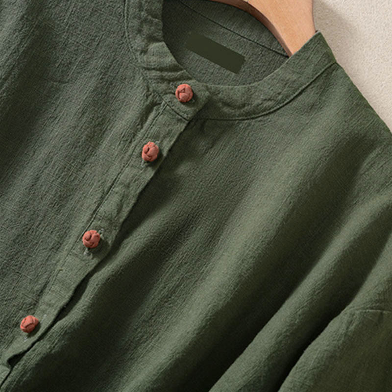 Camicia da donna a maniche lunghe con bottoni e scollo rotondo, con stampa Buddha Stones tasche. - image 4