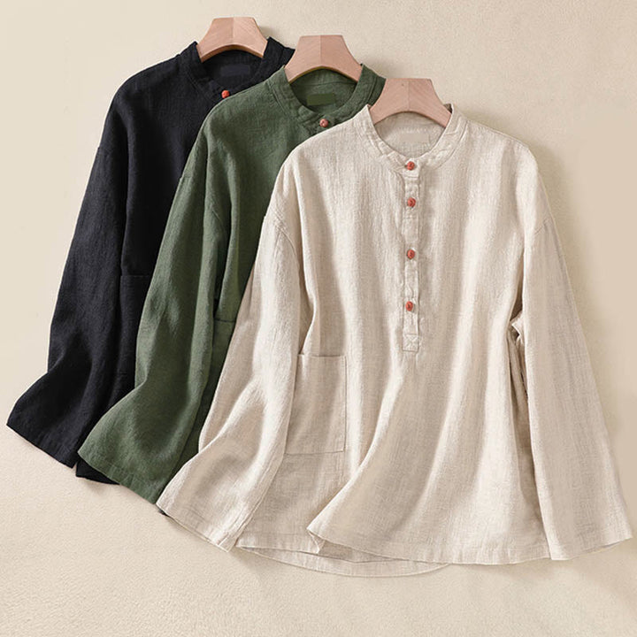 Camicia da donna a maniche lunghe con bottoni e scollo rotondo, con stampa Buddha Stones tasche. - image 26