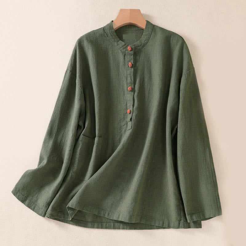 Camicia da donna a maniche lunghe con bottoni e scollo rotondo, con stampa Buddha Stones tasche. - Verde Mare Scuro - US8-10, UK/AU12-14, EU40-42 (2XL) - image 0