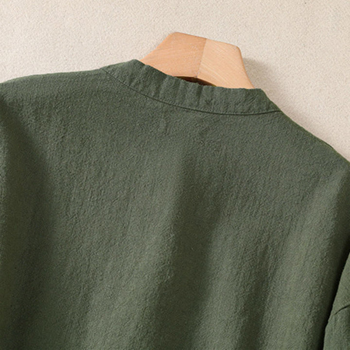 Camicia da donna a maniche lunghe con bottoni e scollo rotondo, con stampa Buddha Stones tasche. - image 3