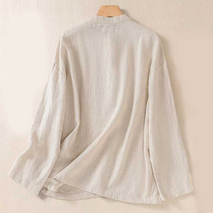 Camicia da donna a maniche lunghe con bottoni e scollo rotondo, con stampa Buddha Stones tasche. - image 17