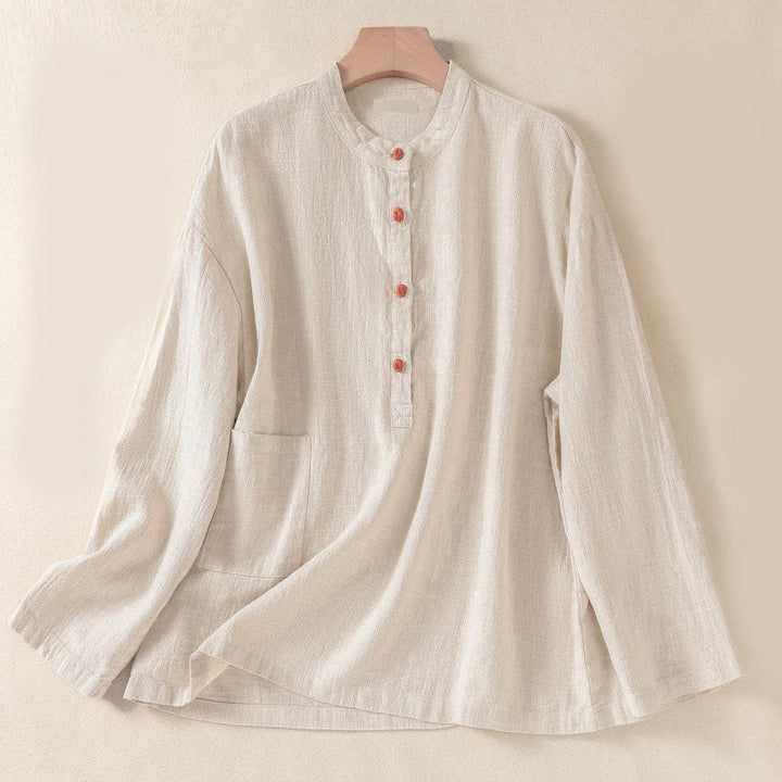 Camicia da donna a maniche lunghe con bottoni e scollo rotondo, con stampa Buddha Stones tasche. - Seta di mais - US8-10, UK/AU12-14, EU40-42 (2XL) - image 16