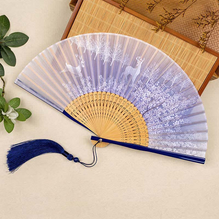 Buddha Stones Ventaglio pieghevole con nappa a forma di volpe di bambù e cervo nella foresta. - Cervo blu (nappa in omaggio) - image 6
