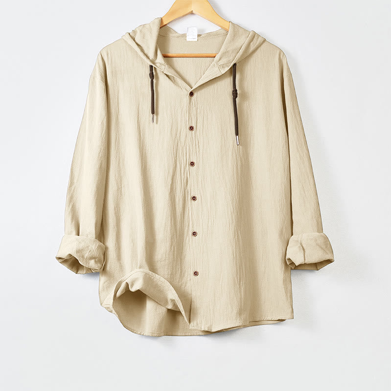 Camicia da uomo a maniche lunghe con cappuccio, coulisse e bottoni, tinta unita, con stampa Buddha Stones. - Beige - US/UK/AU44，EU54 (3XL) - image 14
