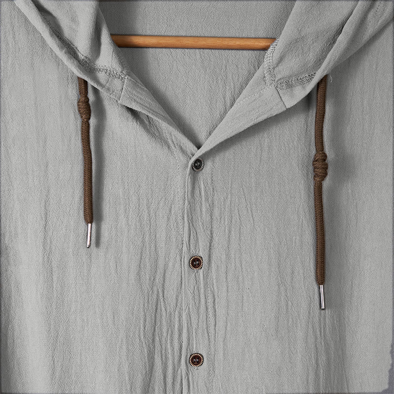 Camicia da uomo a maniche lunghe con cappuccio, coulisse e bottoni, tinta unita, con stampa Buddha Stones. - image 12