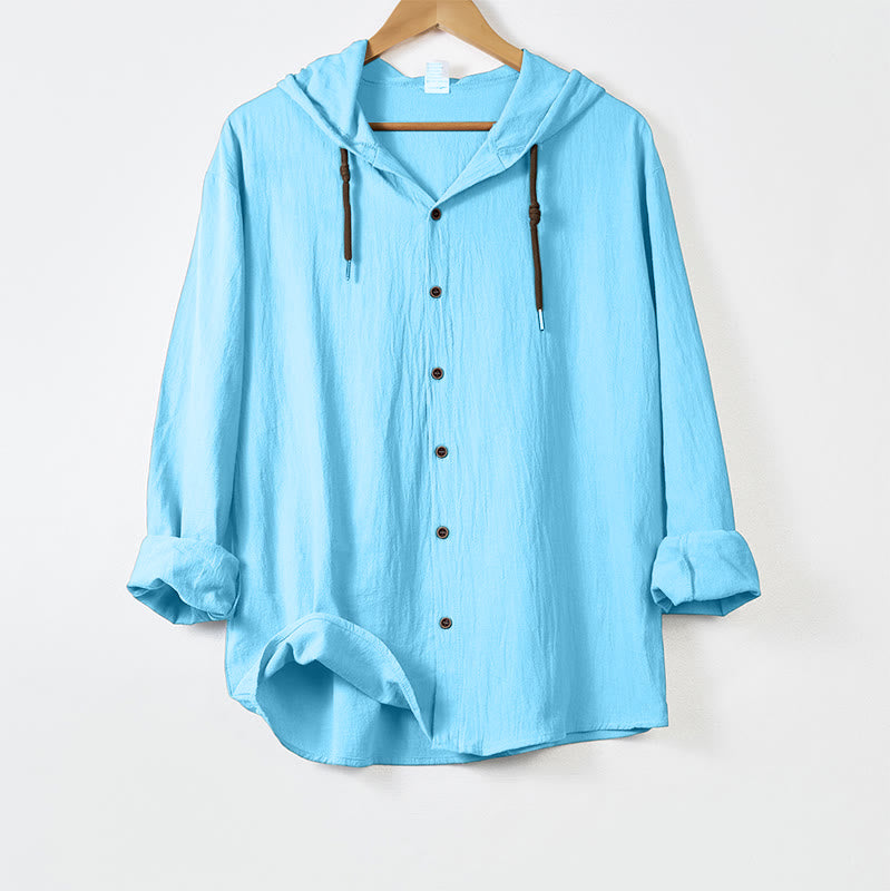 Camicia da uomo a maniche lunghe con cappuccio, coulisse e bottoni, tinta unita, con stampa Buddha Stones. - Azzurro cielo chiaro - US/UK/AU44，EU54 (3XL) - image 13