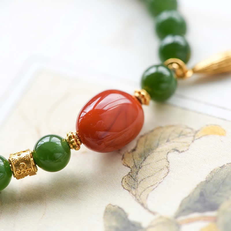Buddha Stones Braccialetto portafortuna con spinaci, verde Hetian, giada e agata rossa. - image 12