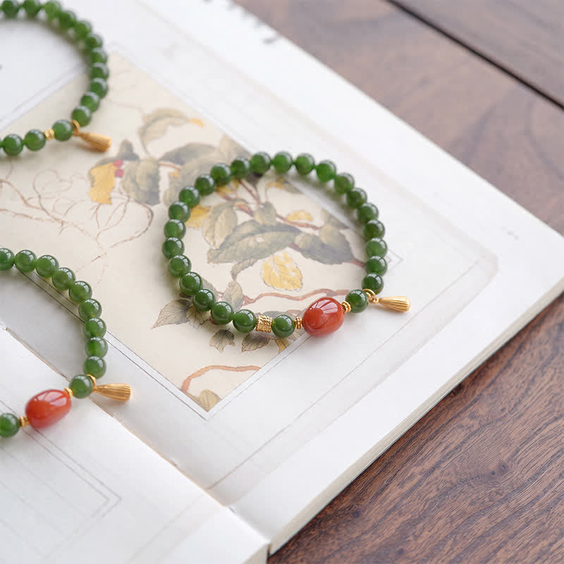 Buddha Stones Braccialetto portafortuna con spinaci, verde Hetian, giada e agata rossa. - image 1