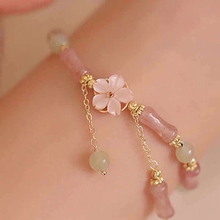 Buddha Stones Bracciale romantico in giada Hetian con quarzo fragola, bambù e bambù. - Bracciale in bambù con cinturino in quarzo fragola (circonferenza del polso: 13-17 cm) - image 0