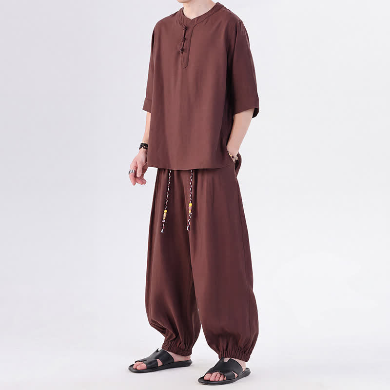 Buddha Stones Camicia da uomo a maniche a tre quarti, tinta unita, stile Tang, con bottoni a rana, per primavera/estate, con tasca, ideale per la meditazione. - image 38