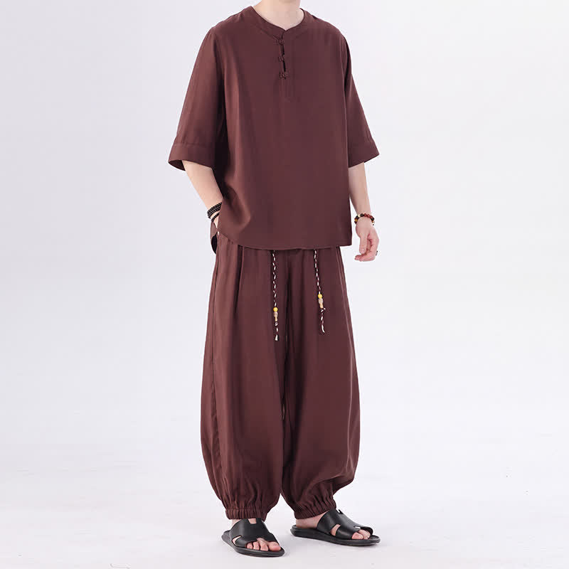 Buddha Stones Camicia da uomo a maniche a tre quarti, tinta unita, stile Tang, con bottoni a rana, per primavera/estate, con tasca, ideale per la meditazione. - image 39