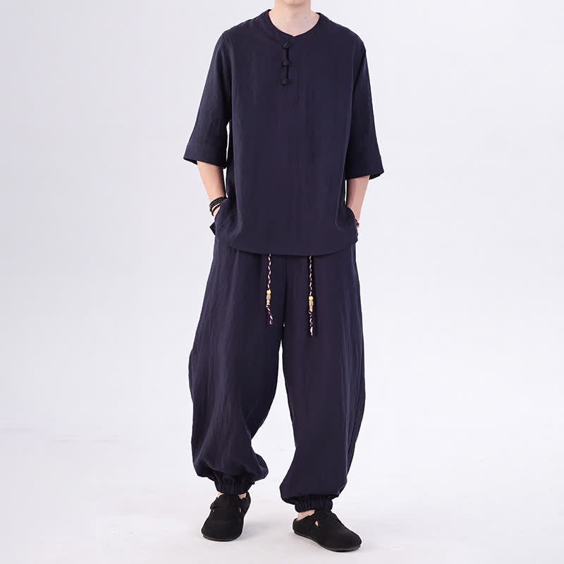 Buddha Stones Camicia da uomo a maniche a tre quarti, tinta unita, stile Tang, con bottoni a rana, per primavera/estate, con tasca, ideale per la meditazione. - Blu notte - US/UK/AU46, EU56 (5XL) - image 40