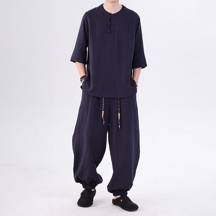 Buddha Stones Camicia da uomo a maniche a tre quarti, tinta unita, stile Tang, con bottoni a rana, per primavera/estate, con tasca, ideale per la meditazione. - Blu notte - US/UK/AU46, EU56 (5XL) - image 40