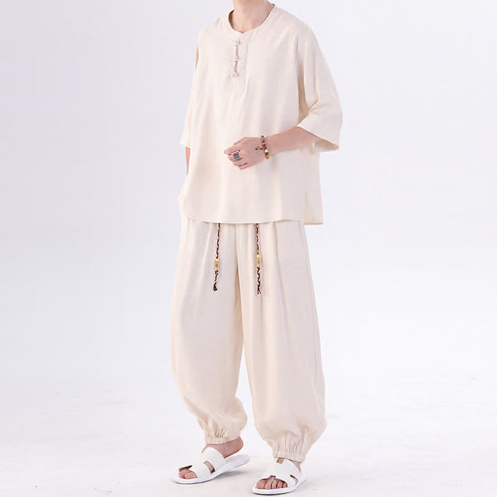 Buddha Stones Camicia da uomo a maniche a tre quarti, tinta unita, stile Tang, con bottoni a rana, per primavera/estate, con tasca, ideale per la meditazione. - image 3