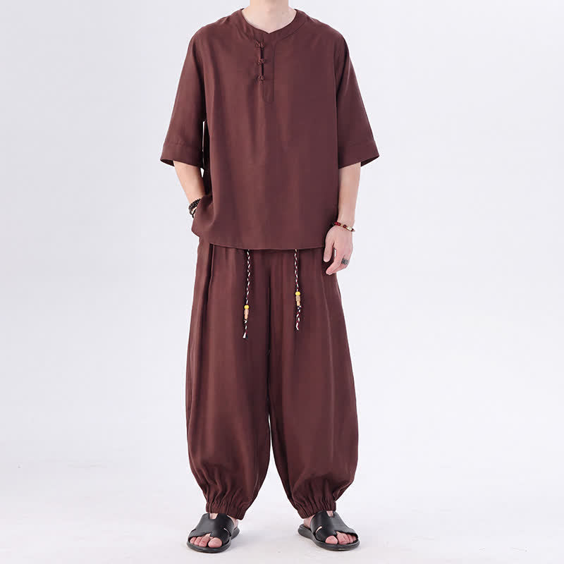 Buddha Stones Camicia da uomo a maniche a tre quarti, tinta unita, stile Tang, con bottoni a rana, per primavera/estate, con tasca, ideale per la meditazione. - image 36