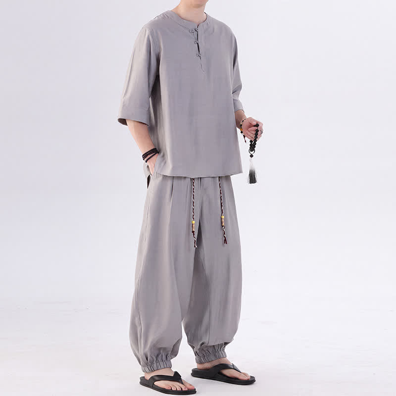 Buddha Stones Camicia da uomo a maniche a tre quarti, tinta unita, stile Tang, con bottoni a rana, per primavera/estate, con tasca, ideale per la meditazione. - image 13