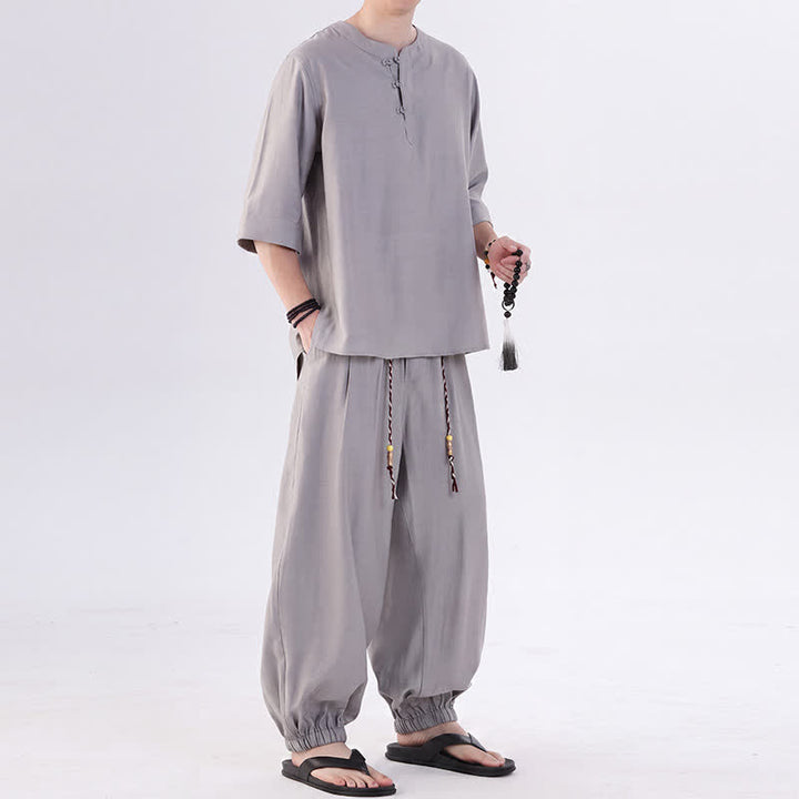 Buddha Stones Camicia da uomo a maniche a tre quarti, tinta unita, stile Tang, con bottoni a rana, per primavera/estate, con tasca, ideale per la meditazione. - image 13