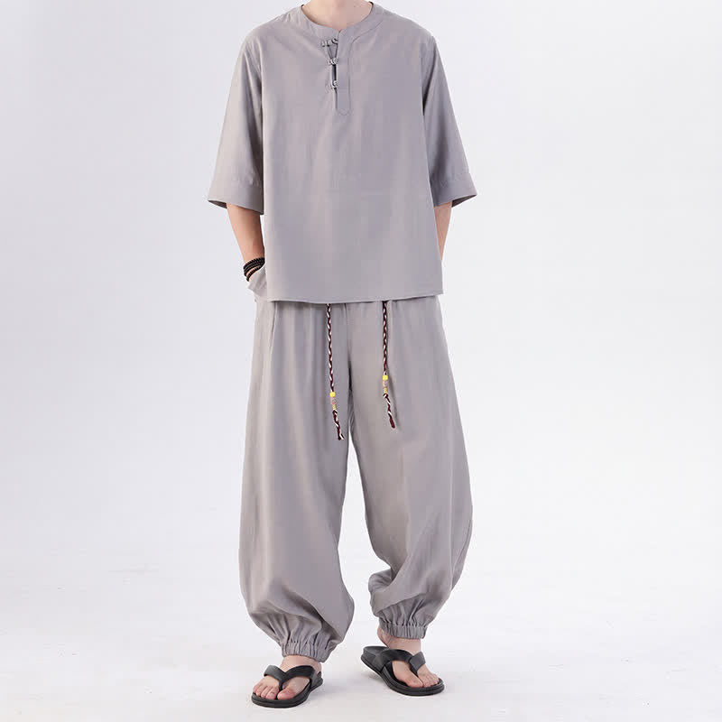 Buddha Stones Camicia da uomo a maniche a tre quarti, tinta unita, stile Tang, con bottoni a rana, per primavera/estate, con tasca, ideale per la meditazione. - Argento - US/UK/AU46, EU56 (5XL) - image 11
