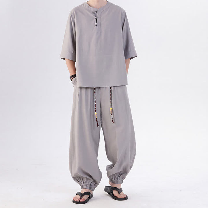 Buddha Stones Camicia da uomo a maniche a tre quarti, tinta unita, stile Tang, con bottoni a rana, per primavera/estate, con tasca, ideale per la meditazione. - Argento - US/UK/AU46, EU56 (5XL) - image 11