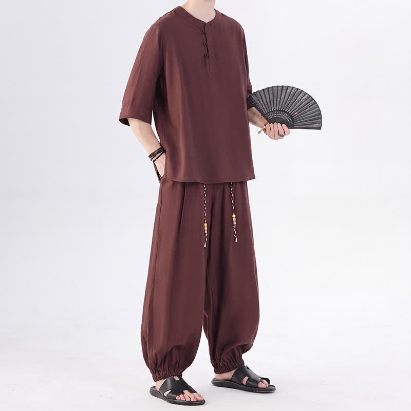 Buddha Stones Camicia da uomo a maniche a tre quarti, tinta unita, stile Tang, con bottoni a rana, per primavera/estate, con tasca, ideale per la meditazione. - image 31