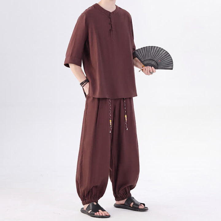 Buddha Stones Camicia da uomo a maniche a tre quarti, tinta unita, stile Tang, con bottoni a rana, per primavera/estate, con tasca, ideale per la meditazione. - image 31