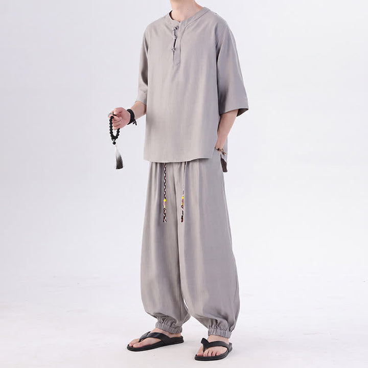 Buddha Stones Camicia da uomo a maniche a tre quarti, tinta unita, stile Tang, con bottoni a rana, per primavera/estate, con tasca, ideale per la meditazione. - image 14