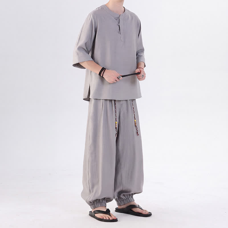 Buddha Stones Camicia da uomo a maniche a tre quarti, tinta unita, stile Tang, con bottoni a rana, per primavera/estate, con tasca, ideale per la meditazione. - image 18