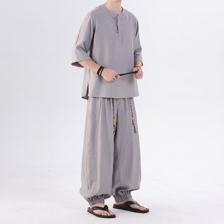 Buddha Stones Camicia da uomo a maniche a tre quarti, tinta unita, stile Tang, con bottoni a rana, per primavera/estate, con tasca, ideale per la meditazione. - image 18