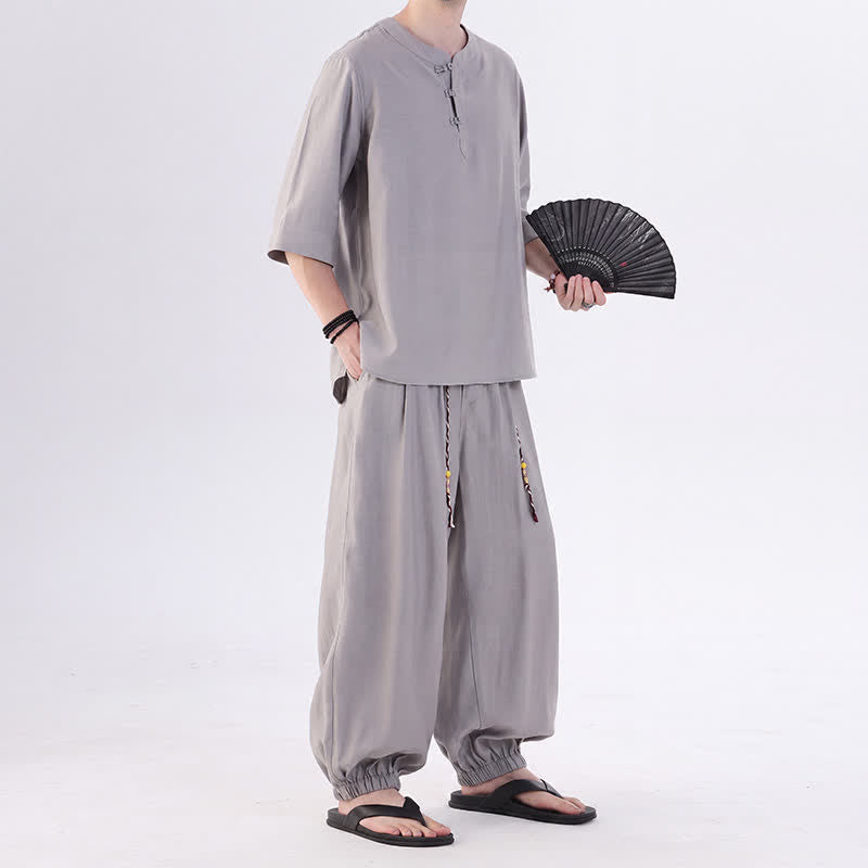 Buddha Stones Camicia da uomo a maniche a tre quarti, tinta unita, stile Tang, con bottoni a rana, per primavera/estate, con tasca, ideale per la meditazione. - image 16