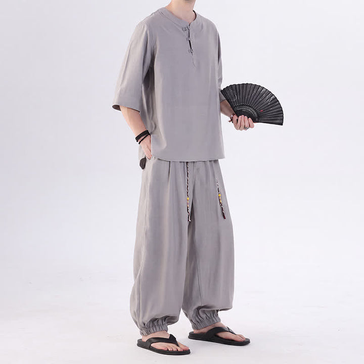 Buddha Stones Camicia da uomo a maniche a tre quarti, tinta unita, stile Tang, con bottoni a rana, per primavera/estate, con tasca, ideale per la meditazione. - image 16