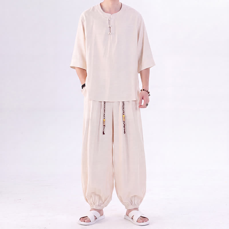 Buddha Stones Camicia da uomo a maniche a tre quarti, tinta unita, stile Tang, con bottoni a rana, per primavera/estate, con tasca, ideale per la meditazione. - image 1
