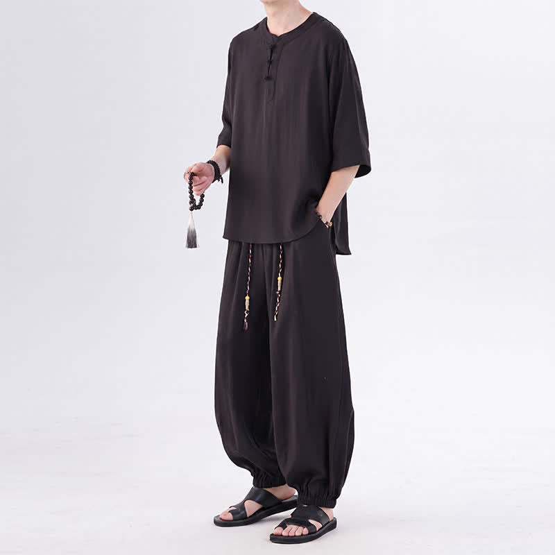 Buddha Stones Camicia da uomo a maniche a tre quarti, tinta unita, stile Tang, con bottoni a rana, per primavera/estate, con tasca, ideale per la meditazione. - image 23