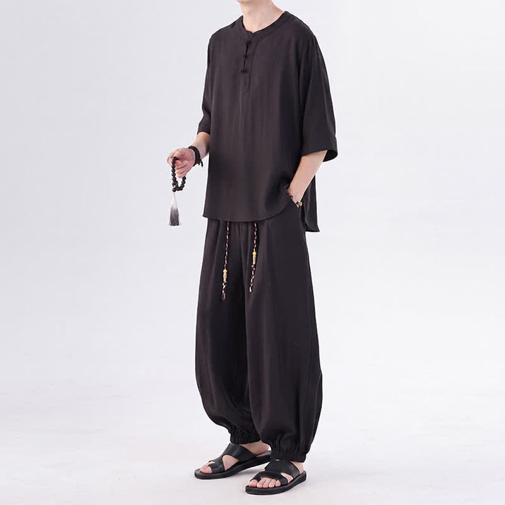 Buddha Stones Camicia da uomo a maniche a tre quarti, tinta unita, stile Tang, con bottoni a rana, per primavera/estate, con tasca, ideale per la meditazione. - image 23
