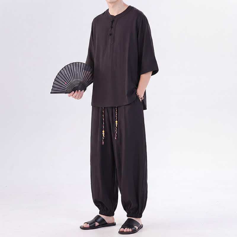 Buddha Stones Camicia da uomo a maniche a tre quarti, tinta unita, stile Tang, con bottoni a rana, per primavera/estate, con tasca, ideale per la meditazione. - image 26