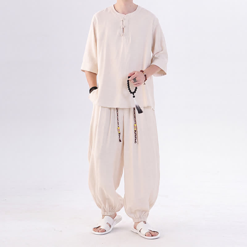 Buddha Stones Camicia da uomo a maniche a tre quarti, tinta unita, stile Tang, con bottoni a rana, per primavera/estate, con tasca, ideale per la meditazione. - Bianco antico - US/UK/AU46, EU56 (5XL) - image 0