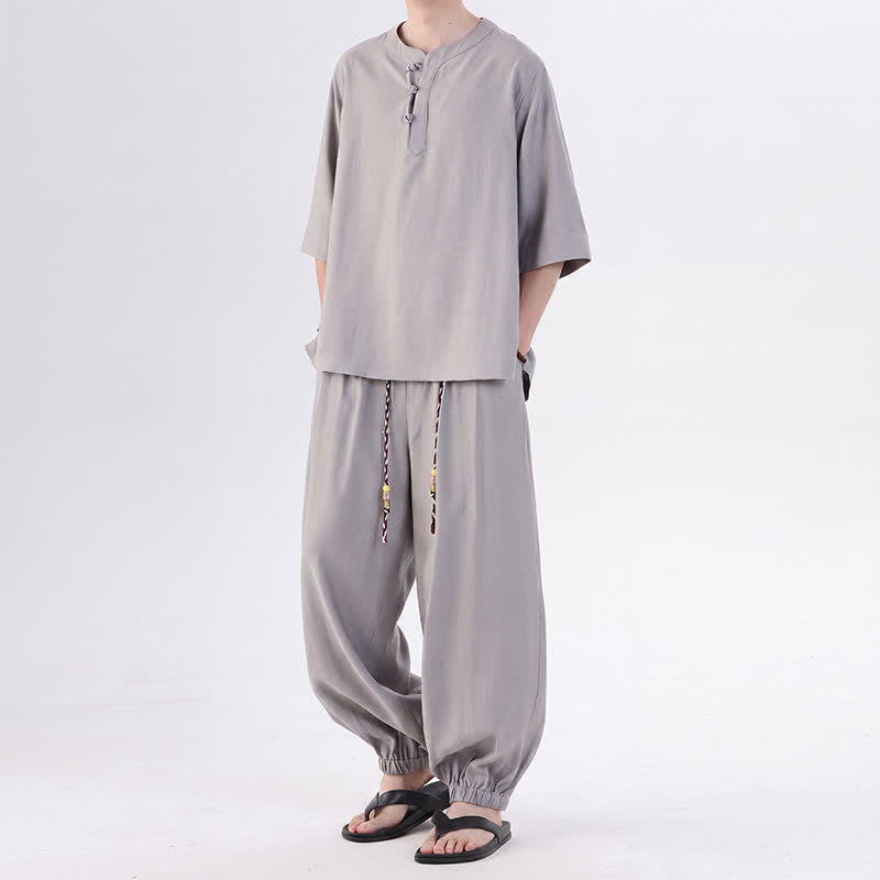 Buddha Stones Camicia da uomo a maniche a tre quarti, tinta unita, stile Tang, con bottoni a rana, per primavera/estate, con tasca, ideale per la meditazione. - image 12
