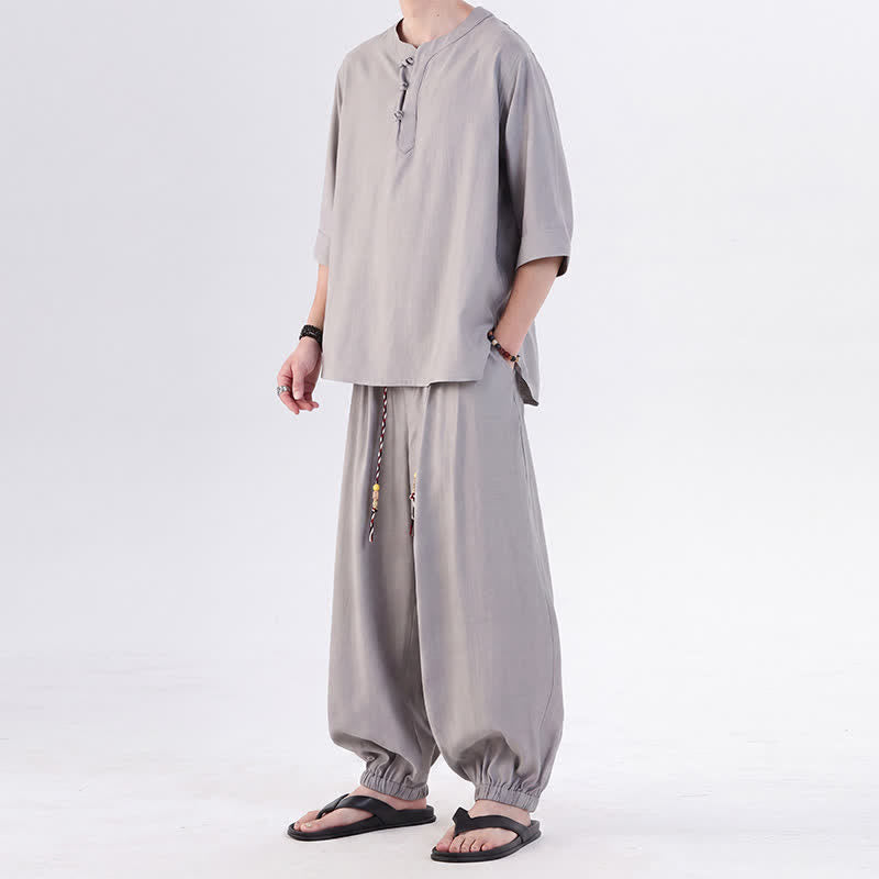 Buddha Stones Camicia da uomo a maniche a tre quarti, tinta unita, stile Tang, con bottoni a rana, per primavera/estate, con tasca, ideale per la meditazione. - image 15