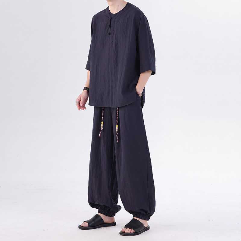 Buddha Stones Camicia da uomo a maniche a tre quarti, tinta unita, stile Tang, con bottoni a rana, per primavera/estate, con tasca, ideale per la meditazione. - image 49