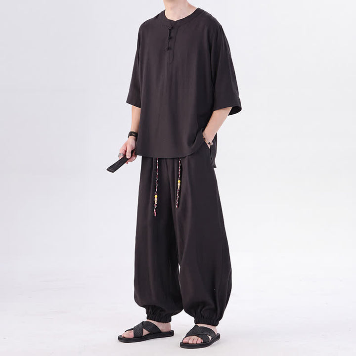 Buddha Stones Camicia da uomo a maniche a tre quarti, tinta unita, stile Tang, con bottoni a rana, per primavera/estate, con tasca, ideale per la meditazione. - image 24