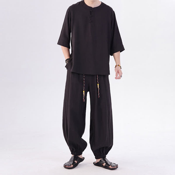 Buddha Stones Camicia da uomo a maniche a tre quarti, tinta unita, stile Tang, con bottoni a rana, per primavera/estate, con tasca, ideale per la meditazione. - image 27