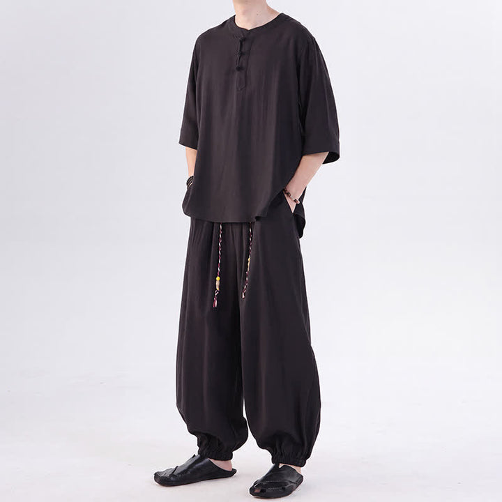 Buddha Stones Camicia da uomo a maniche a tre quarti, tinta unita, stile Tang, con bottoni a rana, per primavera/estate, con tasca, ideale per la meditazione. - image 21