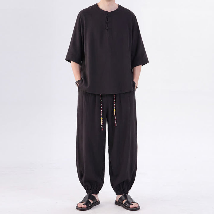 Buddha Stones Camicia da uomo a maniche a tre quarti, tinta unita, stile Tang, con bottoni a rana, per primavera/estate, con tasca, ideale per la meditazione. - Nero - US/UK/AU46, EU56 (5XL) - image 20