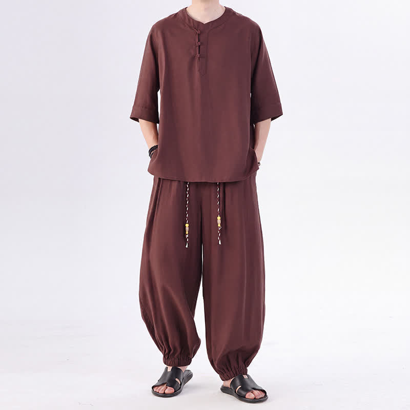 Buddha Stones Camicia da uomo a maniche a tre quarti, tinta unita, stile Tang, con bottoni a rana, per primavera/estate, con tasca, ideale per la meditazione. - Siena - US/UK/AU46, EU56 (5XL) - image 30