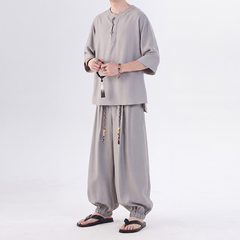 Buddha Stones Camicia da uomo a maniche a tre quarti, tinta unita, stile Tang, con bottoni a rana, per primavera/estate, con tasca, ideale per la meditazione. - image 19