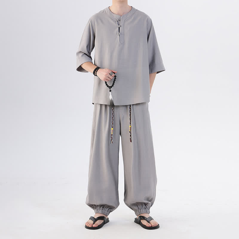 Buddha Stones Camicia da uomo a maniche a tre quarti, tinta unita, stile Tang, con bottoni a rana, per primavera/estate, con tasca, ideale per la meditazione. - image 17
