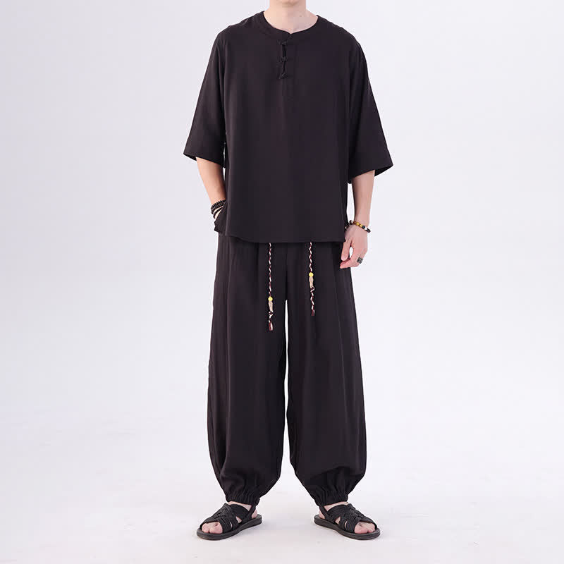 Buddha Stones Camicia da uomo a maniche a tre quarti, tinta unita, stile Tang, con bottoni a rana, per primavera/estate, con tasca, ideale per la meditazione. - image 28