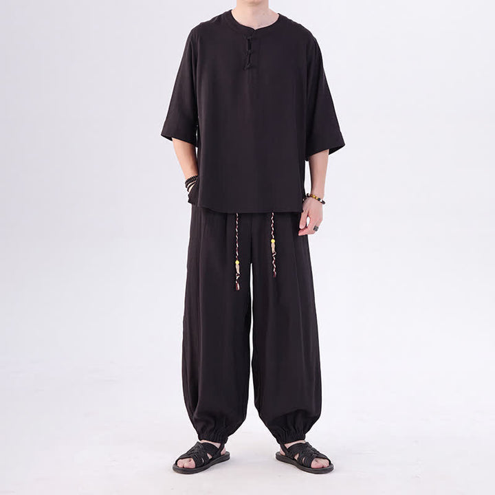 Buddha Stones Camicia da uomo a maniche a tre quarti, tinta unita, stile Tang, con bottoni a rana, per primavera/estate, con tasca, ideale per la meditazione. - image 28